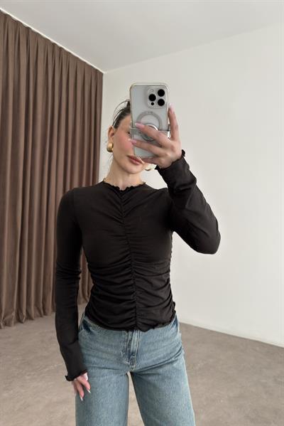 Dilvin Büzgülü Koyu Kahve Bluz 