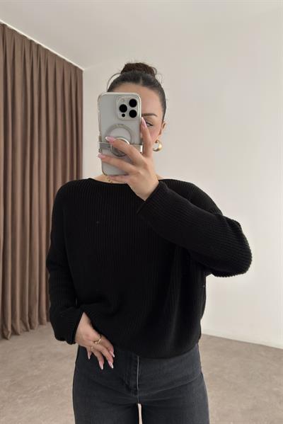 Dilvin Düz Yaka Salaş Siyah Basic Triko