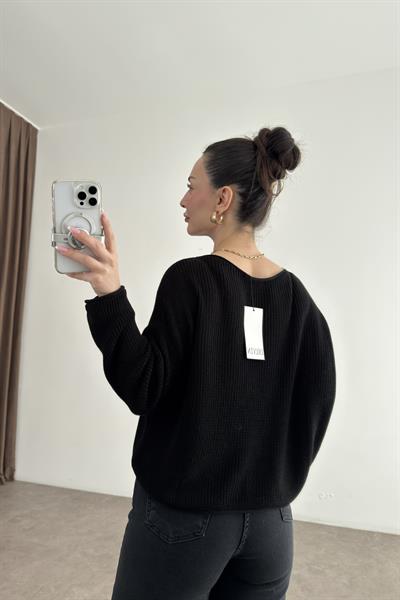 Dilvin Düz Yaka Salaş Siyah Basic Triko