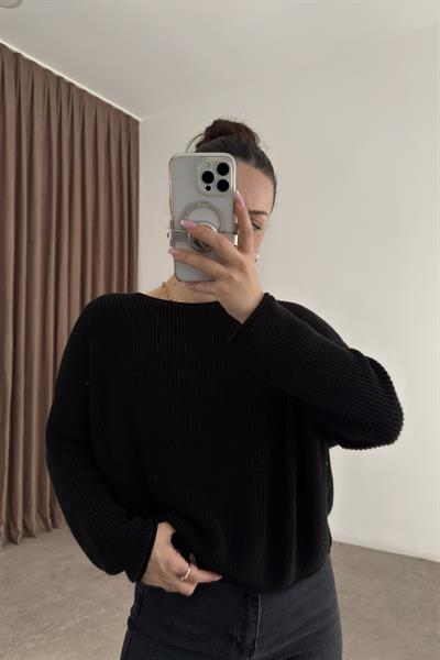 Dilvin Düz Yaka Salaş Siyah Basic Triko