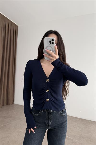 Dilvin V Yaka Drapeli Gold Düğmeli Triko Kazak Lacivert