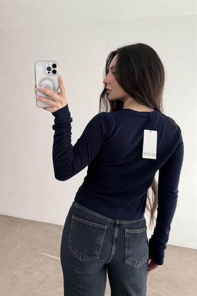 Dilvin V Yaka Drapeli Gold Düğmeli Triko Kazak Lacivert