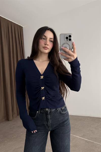 Dilvin V Yaka Drapeli Gold Düğmeli Triko Kazak Lacivert