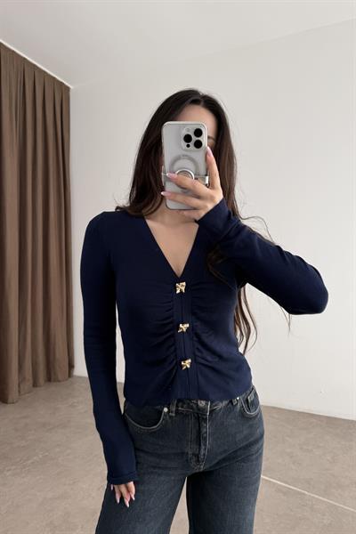 Dilvin V Yaka Drapeli Gold Düğmeli Triko Kazak Lacivert