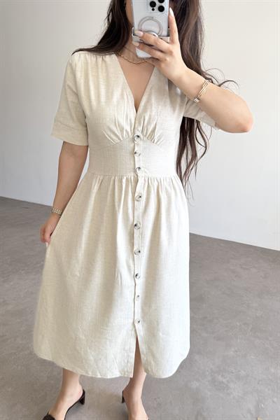 Dokuma Pamuk Önden Düğmeli Ekru Midi Elbise