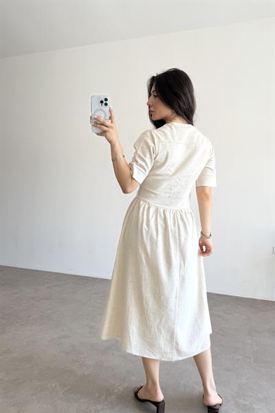Dokuma Pamuk Önden Düğmeli Ekru Midi Elbise