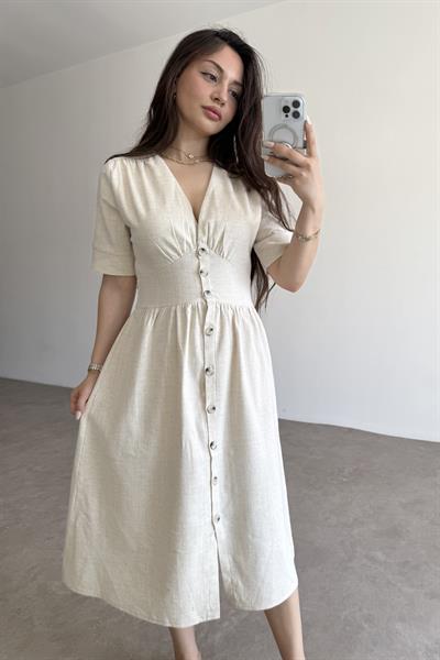 Dokuma Pamuk Önden Düğmeli Ekru Midi Elbise