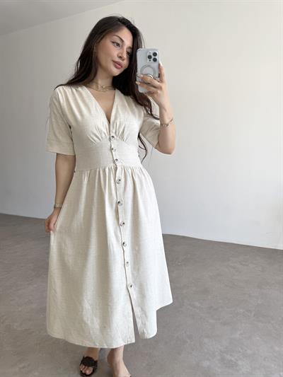 Dokuma Pamuk Önden Düğmeli Ekru Midi Elbise