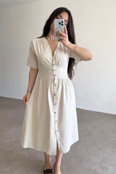 Dokuma Pamuk Önden Düğmeli Ekru Midi Elbise