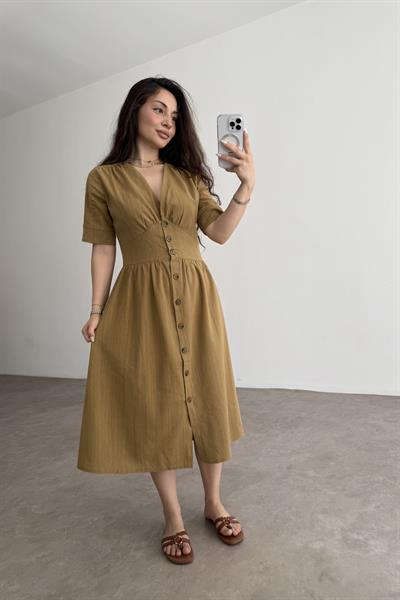 Dokuma Pamuk Önden Düğmeli Hardal Midi Elbise