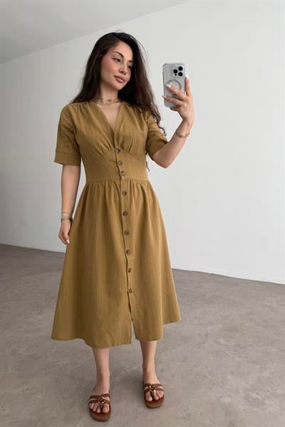Dokuma Pamuk Önden Düğmeli Hardal Midi Elbise