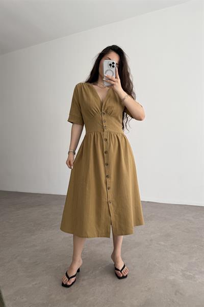 Dokuma Pamuk Önden Düğmeli Hardal Midi Elbise