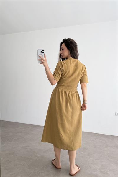 Dokuma Pamuk Önden Düğmeli Hardal Midi Elbise