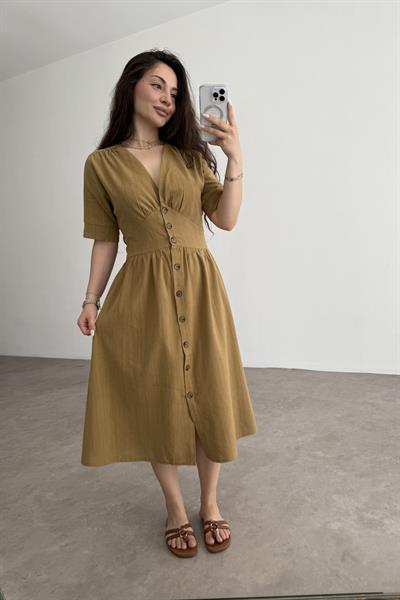 Dokuma Pamuk Önden Düğmeli Hardal Midi Elbise