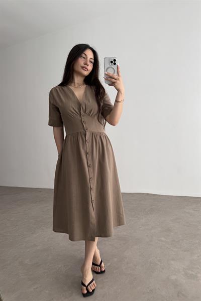 Dokuma Pamuk Önden Düğmeli Kahve Midi Elbise