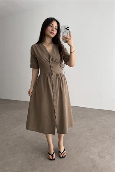 Dokuma Pamuk Önden Düğmeli Kahve Midi Elbise