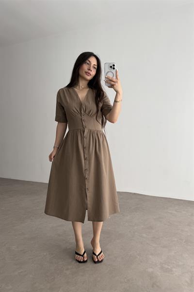 Dokuma Pamuk Önden Düğmeli Kahve Midi Elbise