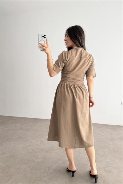 Dokuma Pamuk Önden Düğmeli Kahve Midi Elbise