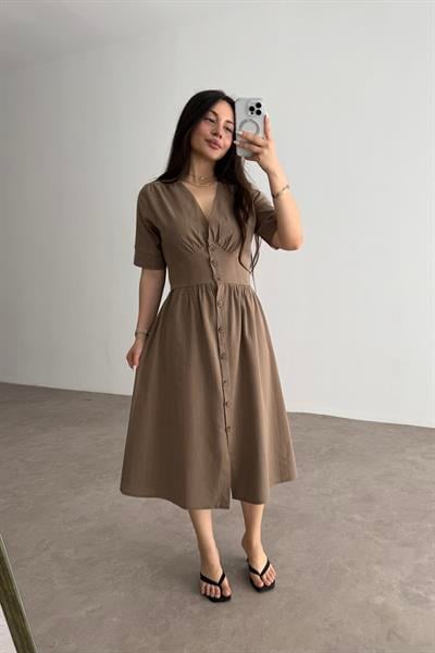 Dokuma Pamuk Önden Düğmeli Kahve Midi Elbise
