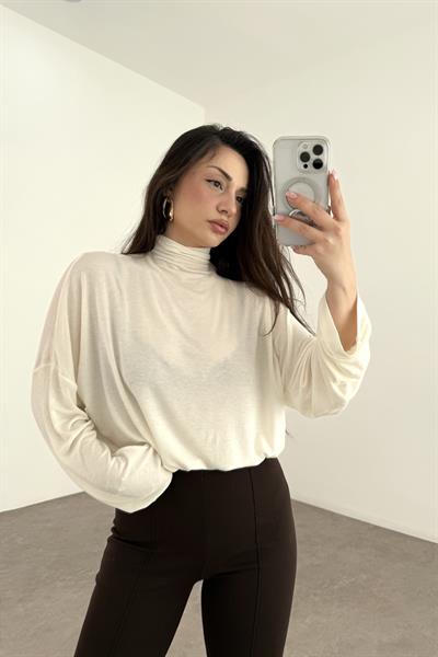 Dökümlü Balıkçı Yaka Ekru Bluz