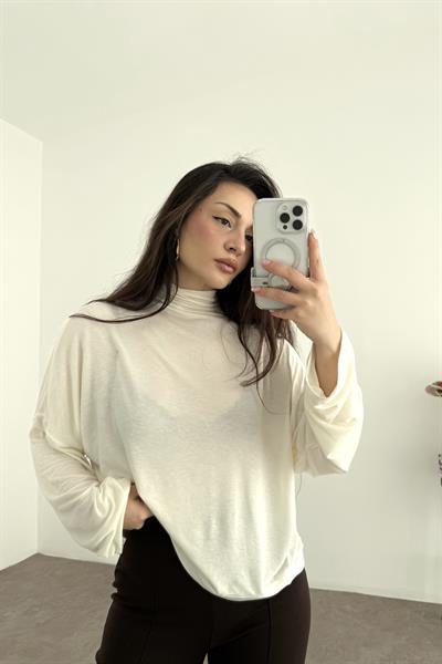 Dökümlü Balıkçı Yaka Ekru Bluz