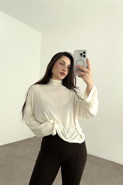 Dökümlü Balıkçı Yaka Ekru Bluz