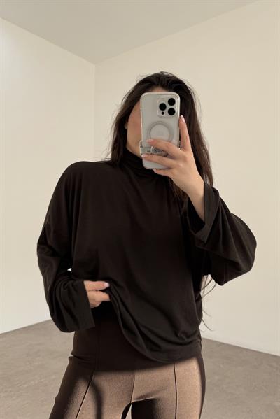 Dökümlü Balıkçı Yaka Koyu Kahve Bluz