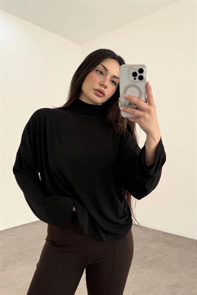 Dökümlü Balıkçı Yaka Siyah Bluz