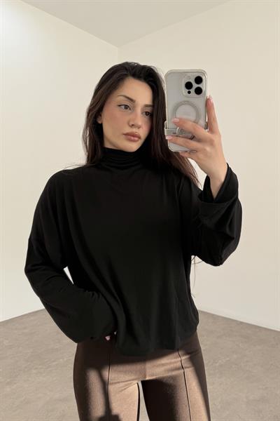 Dökümlü Balıkçı Yaka Siyah Bluz