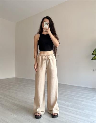 Dökümlü Bürümcük Salaş Bej Pantolon