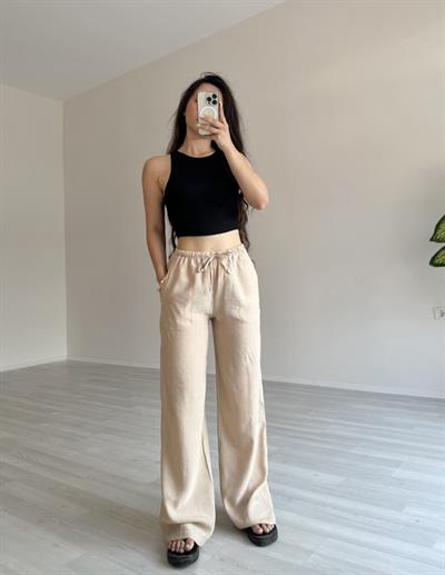 Dökümlü Bürümcük Salaş Bej Pantolon