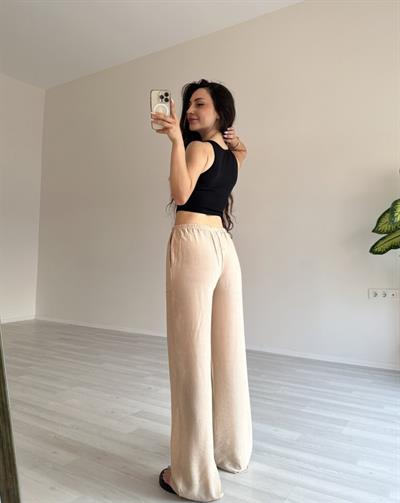 Dökümlü Bürümcük Salaş Bej Pantolon