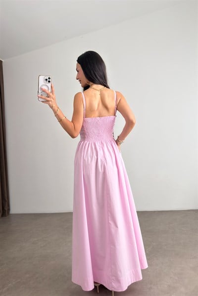 Drapeli Askılı Poplin Pembe Maxi Elbise