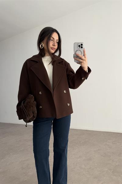 Düğme Detaylı Klasik Kesim Orta Boy Acı  Kahve Kaban