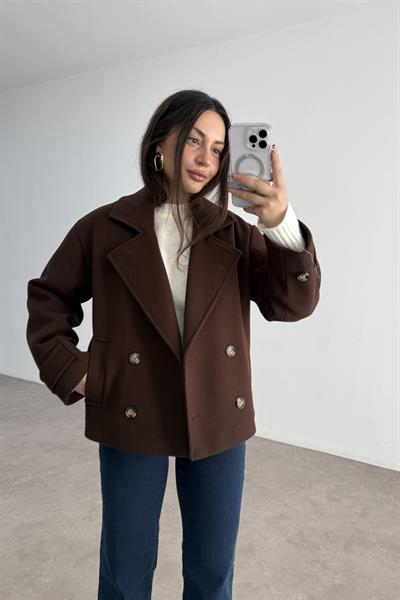 Düğme Detaylı Klasik Kesim Orta Boy Acı  Kahve Kaban