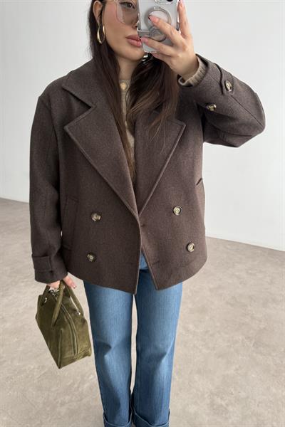 Düğme Detaylı Klasik Kesim Orta Boy Boz  Kahve Kaban