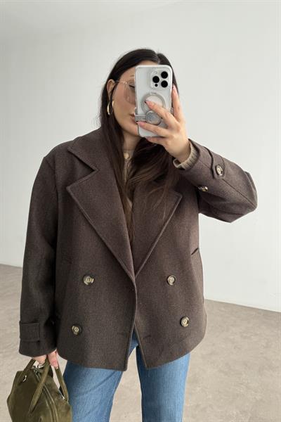 Düğme Detaylı Klasik Kesim Orta Boy Boz  Kahve Kaban