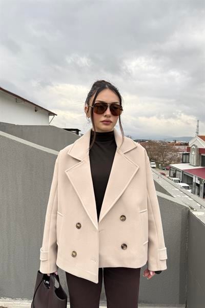 Düğme Detaylı Klasik Kesim Orta Boy Ekru Kaban