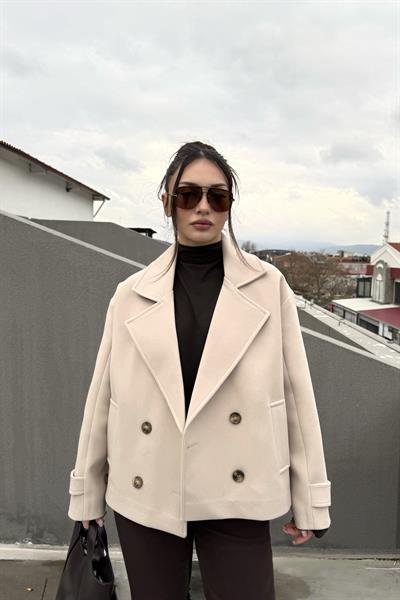 Düğme Detaylı Klasik Kesim Orta Boy Ekru Kaban