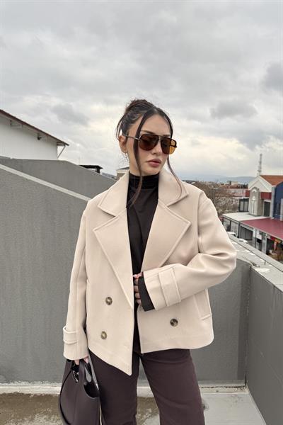 Düğme Detaylı Klasik Kesim Orta Boy Ekru Kaban