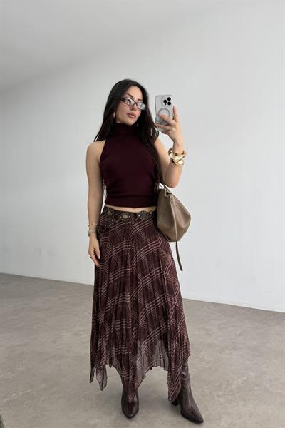 Ekose  Şifon Parçalı Etek Kahve-Bordo