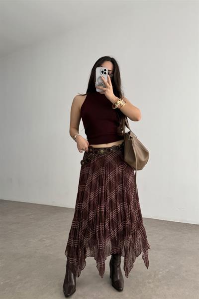 Ekose  Şifon Parçalı Etek Kahve-Bordo