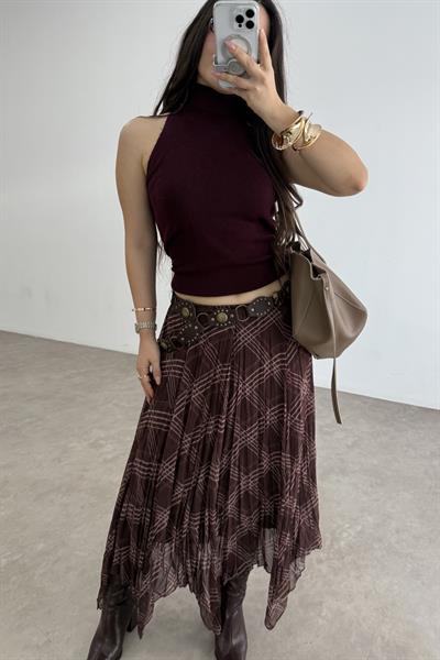 Ekose  Şifon Parçalı Etek Kahve-Bordo