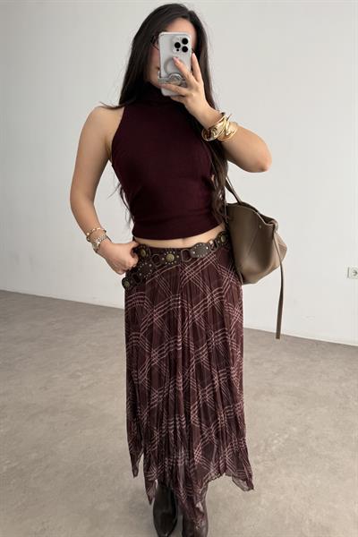Ekose  Şifon Parçalı Etek Kahve-Bordo