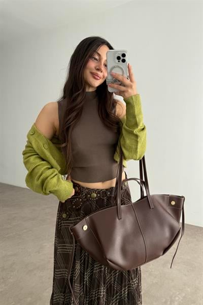 Ekose Şifon Parçalı Etek Khaki