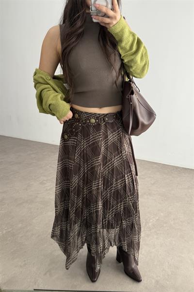 Ekose Şifon Parçalı Etek Khaki