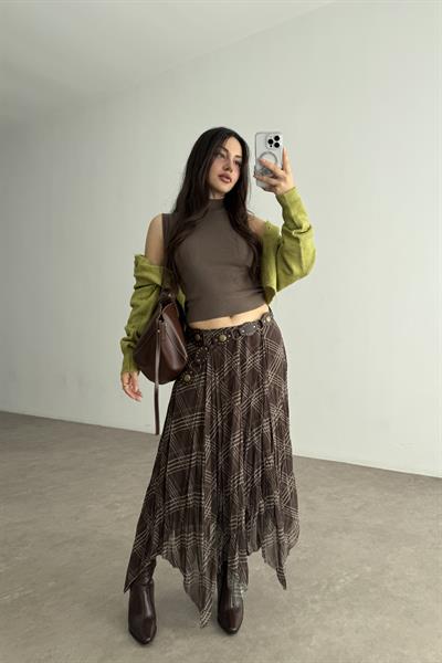 Ekose Şifon Parçalı Etek Khaki