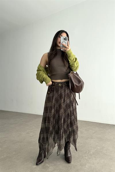 Ekose Şifon Parçalı Etek Khaki