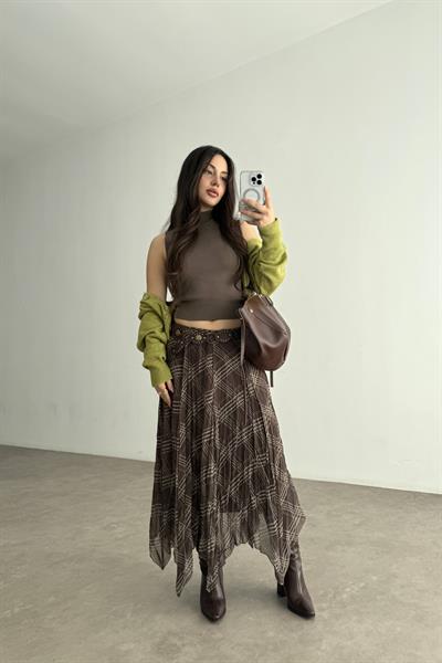 Ekose Şifon Parçalı Etek Khaki