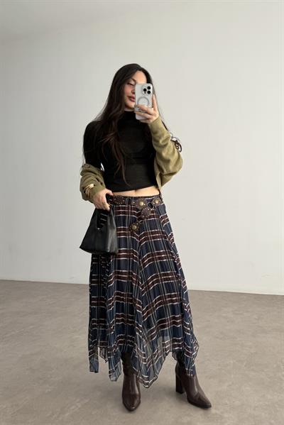 Ekose  Şifon Parçalı Etek Mavi